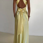 Margovil V Neck Back Tie Bow Cut Out Satin Maxi Dress