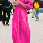 Margovil Lantern Sleeve Ruched Midi Cotton Linen Dress