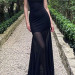 Margovil Strapless Mesh Splice Bodycon Maxi Dress