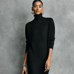 Women's Elegant Black Knitted Turtleneck Long-sleeved Loose-fitting Maxi Dress With No Pockets
