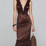 Vintage Elegant Chocolate Satin Ruffle Midi Dress