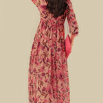 Pastel Red Floral Print Ruffle Trim Plunge Neckline Maxi Dress