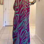 Batwing Sleeves Long Sleeves Contrast Color Printed Split-Front Split-Joint V-Neck Maxi Dresses