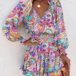 A-Line Long Sleeves Contrast Color Flower Print Pleated Split-Joint Tied V-Neck Mini Dresses