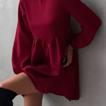 Loose Puff Sleeves Elasticity Pleated Solid Color Split-Joint Round-Neck Mini Dresses