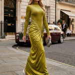 Bodycon Irregularity Pleated Split-Back Split-Joint Half Turtleneck Maxi Dresses