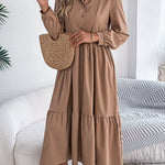 High Waisted Long Sleeves Pleated Ruffled Solid Color Lapel Midi Dresses Shirt Dress