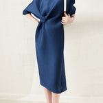 Stylish Irregularity Loose Pleated Solid Color Round-Neck Midi Dresses