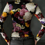 Long Sleeves Skinny Contrast Color Flower Print High Neck T-Shirts Tops