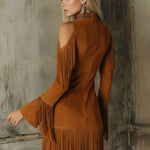 Semi-high Neck Off-the-shoulder Fringed Faux Suede Long-sleeved Mini Dress