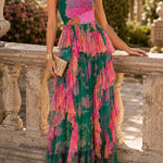 Spaghetti Strap High Waist Printed Ruffle Maxi Dress