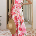 Strapless Bow Waist Floral Print Wide Leg Jumpsuit