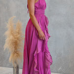 Halter Neck Waisted Ruffle Maxi Dress