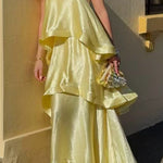 Margovil Spaghetti Strap Ruffle Layered Satin Maxi Dress