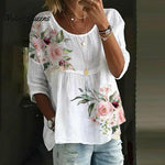 Pink Green Flower Print White Tunic Top