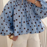 Lantern Long Sleeves Bow Back Slit Polka Dot Top