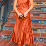 One Shoulder Sleeveless Pleated Satin Maxi Dress