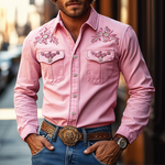 Men's American Retro Western Style Cotton Blend Embroidered Long Sleeve Shirt