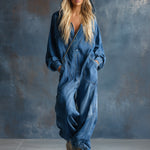 Casual Loose-fit Hooded Blue Denim Button-front Long-sleeved Jumpsuit
