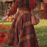 Caramel Pumpkin Lantern Sleeve Sweater Top Plaid Skirt Two-Piece Set