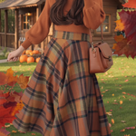 Caramel Pumpkin Lantern Sleeve Sweater Top Plaid Skirt Two-Piece Set