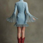 Western Retro Red Embroidered Blue Faux Suede Long-Sleeved Tassel Mini Dress