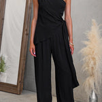 One Shoulder Sleeveless Tie Knot Top High Rise Wide Leg Pants Set