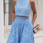 Margo Lace Hollow Out Crewneck Crop Tank Top High Waist Maxi Swing Skirt Set