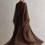 Women's Rich Brown Chiffon Dress With Flowy Maxi Silhouette & Cape-like Design, Modern Elegant-Glam Style Dress