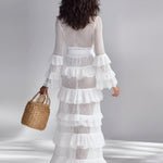 Women's Crisp White Crochet Knit Cardigan With Deep V-Neck & Layered Ruffles, Timeless Bohemian-Glam Style Cardigan
