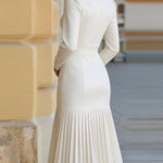 High-Neck Belted Long-Sleeve Pleated Midi Dress