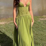 Margovil Halter Neck Back Lace-up Pleated Maxi Dress