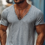 Men's Summer Casual Heathered Cotton Blended V-Neck Raw Edge Short Sleeve T-Shirt