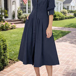 Lapel Button Up Solid Midi Shirt Dress
