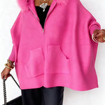 Margovil Dolman Sleeves Zipper Up Pocketed Jacket with Faux Fur Hood