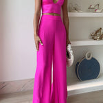 V Neck Crop Cami Top and Slit Wide Leg Pants Two-piece Set