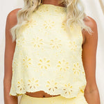 Sleeveless Buttons Detail Floral Lace Hollow Out Top