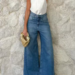 High Waist One Button Pocketed Wide Leg Pants
