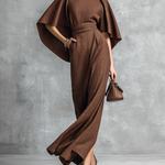 Women's Vintage-style Brown Cotton And Linen Cape-sleeved Dress