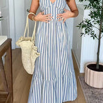 Spaghetti Strap V Neck Striped Ruffle Hem Maxi Dress