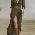 Margovil Lapel V Neck Long Sleeves Button Up Slit Maxi Dress