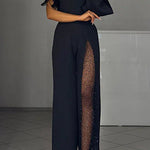 Margovil One Shoulder Long Sleeve Patchwork Wide Leg Jumpsuit