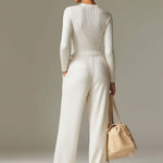 Fashionable Sporty White Knit Ribbed Crew Neck Top And Wide-leg Pants Set