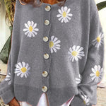 Round Neck Floral Embroidery Knitted Sweater Cardigan