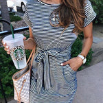 Margovil Short Sleeve Tie Waist Pockets Striped Dress