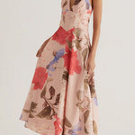 V Neck Halter Back Lace-up Floral Print Maxi Dress