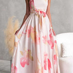 Strapless Tube Tie Waist Floral Print Maxi Dress