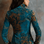 Boho Chic Vintage Peacock Blue Velvet Golden Print Fit Blouse