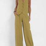 Women's Fashion Solid Color Vest Trousers Collage Stitching Cotton and Linen Casual Suit