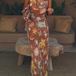 Margovil Cowl Neck Open Back Printed Maxi Dress with Scarf